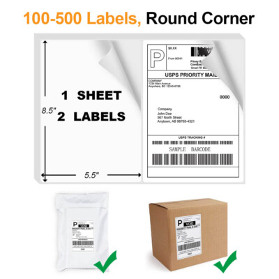 50-500 Half Sheet 8.5'' x 5.5'' Shipping Labels Rounded Corner Self Adhesive