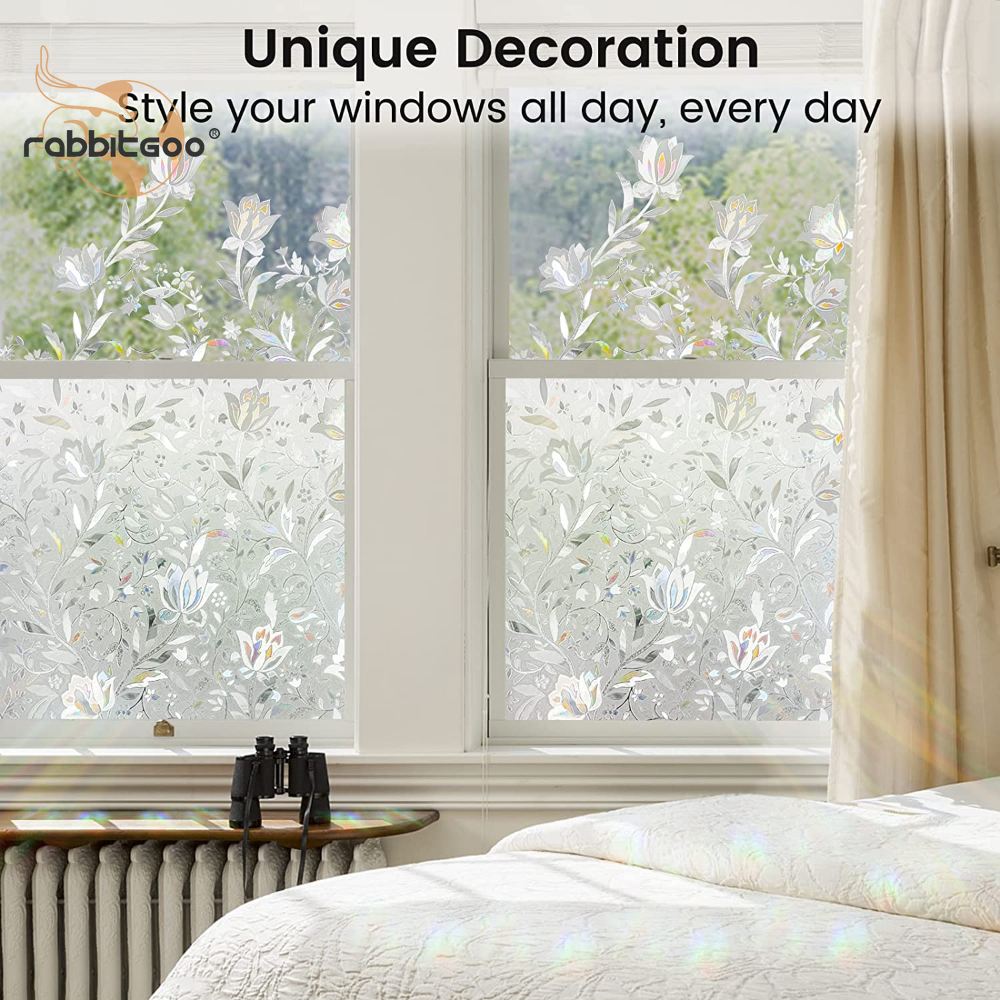 rabbitgoo 3D Decorative Window Film Stained Glass Film Rainbow Frosted Flowers
