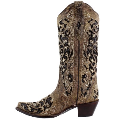 Pre-owned Corral Boots Sequins Tooledinlay Snip Toe Cowboy Womens Brown Dress Boots A3569