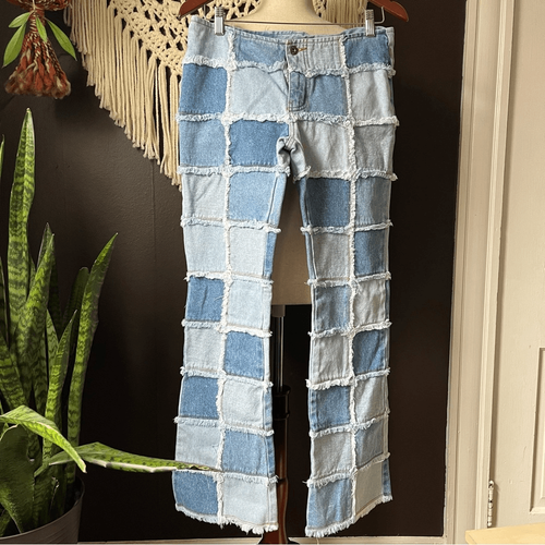 patchwork jeans y2k vintage low rise flare leg multicolor denim