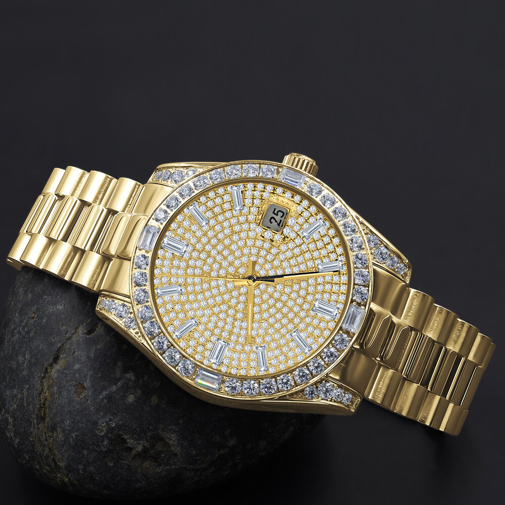 Pre-owned Bling Master Solid Steel 18k Men's Gold Tone Baguette Simulated Diamond President Watch 40mm