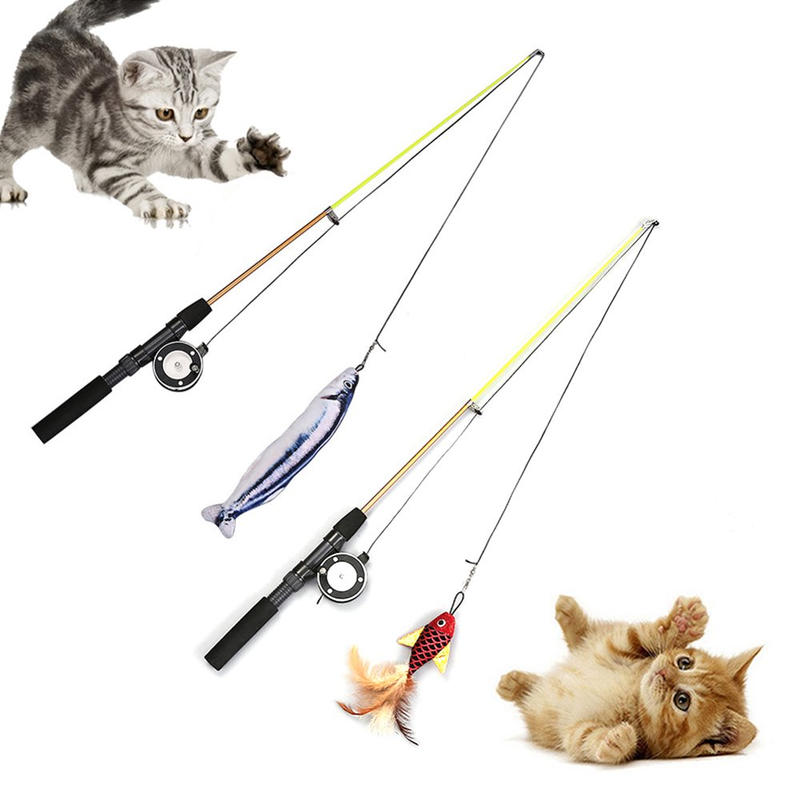 Cat Fishing Pole Toy, Retractable Wand Cat Toy with Reel, Cat Fishing Rod & Feat