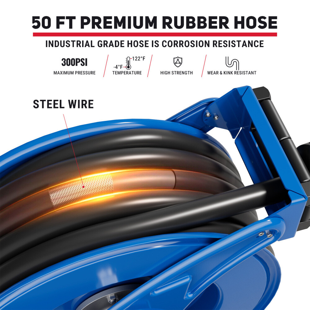 Fuel Hose Reel Retractable with Fueling Nozzle, 3/4" x 50" Heavy Duty Steel Reel