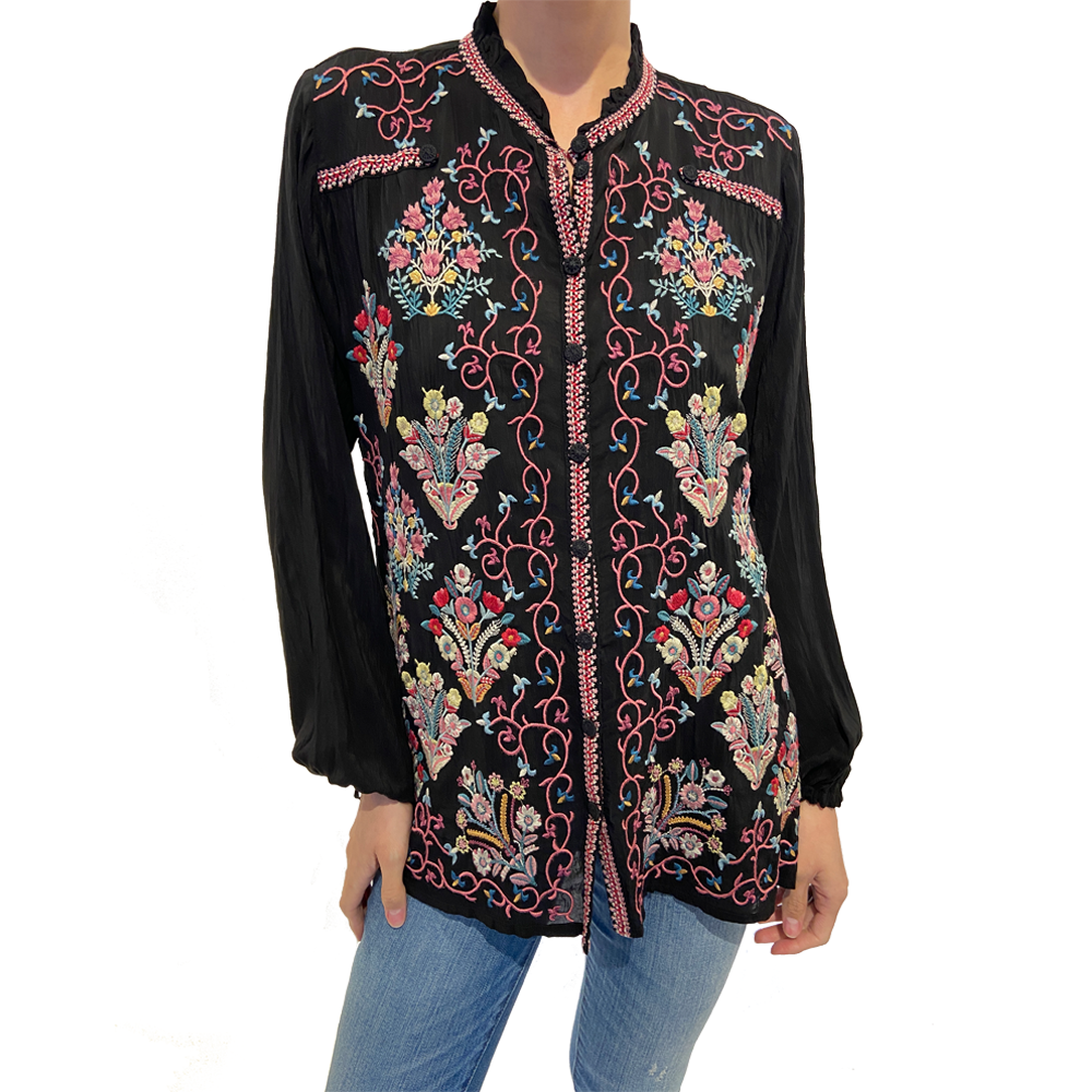 Pre-owned Johnny Was Bertha Blouse Black Top Button Down Shirt Long Sleeve Embroidery