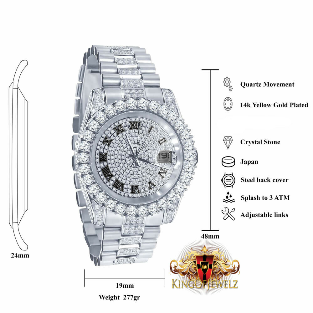 Pre-owned Blingmaster Men's White Gold Tone Stainless Steel Presidential Watch 41 Mm Simulated Diamond