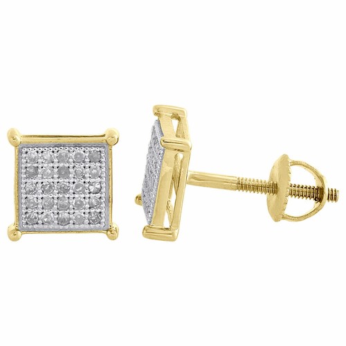 Pre-owned Jfl Diamonds & Timepieces 10k Yellow Gold Pave Diamond Square Studs Mini 7.25mm 4 Prong Earrings 0.16 Ct. In White