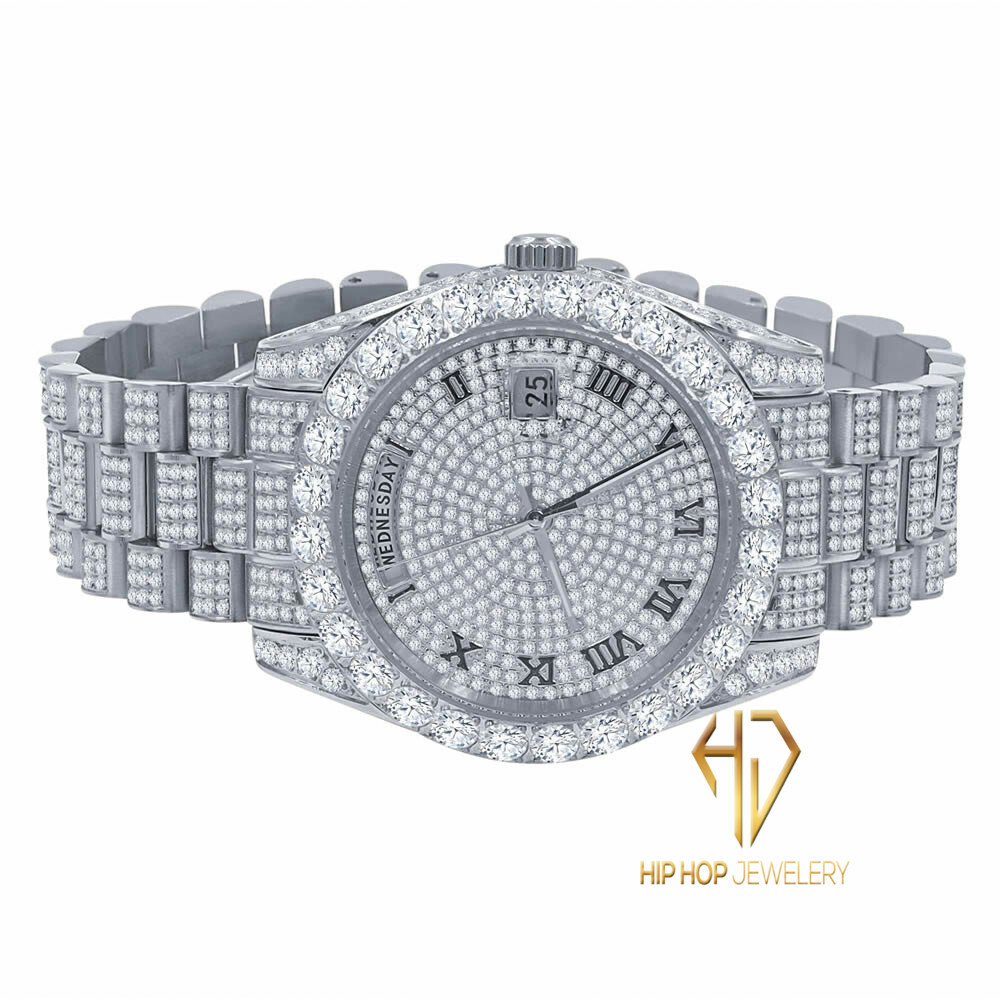 Pre-owned Bling Master Roman Dial Solitaire Stainless Steel 18k White Gold Day & Date 40 Mm Men's Watch