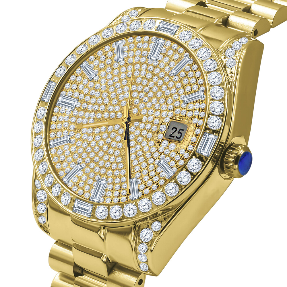 Pre-owned Bling Master Solid Steel 18k Men's Gold Tone Baguette Simulated Diamond President Watch 40mm