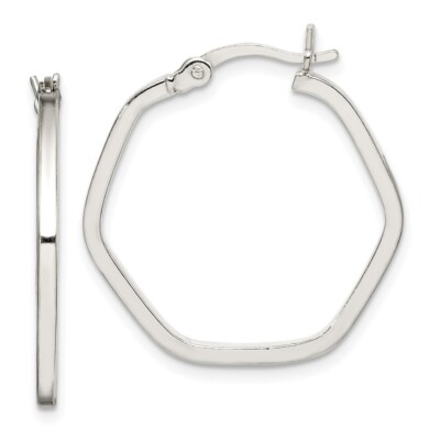 Sterling Silver Polished Hexagonal Round Hoop Earrings 0.98 Inch