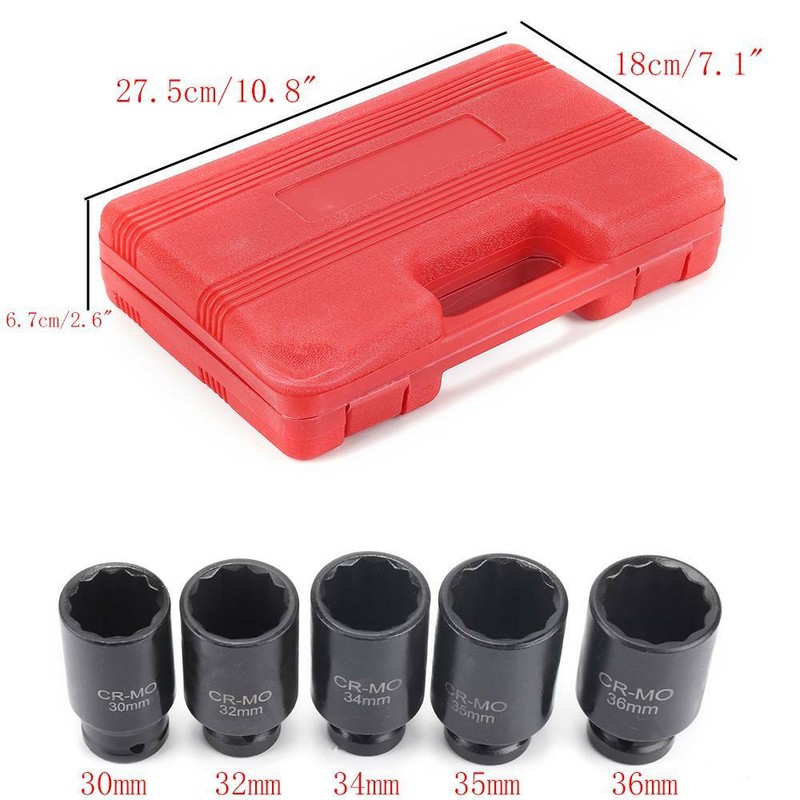 5pcs 12 Point Axle Hub Nut Socket Set 1/2" Drive Professional Impact