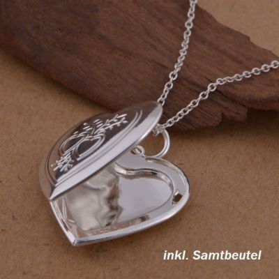 925 Silber Medaillon Amulett für 2 Fotos/Bilder aufklappbar Anhänger Herz Kette
