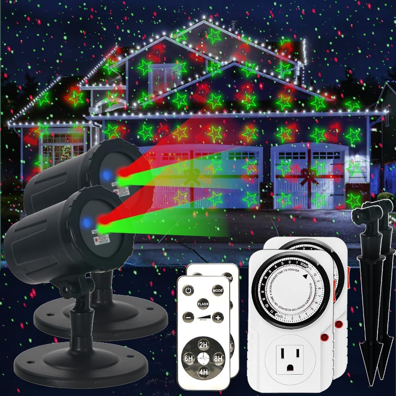 Christmas Projector Laser Lights Outdoor - Outlet Timer and Remote Included - 18 Patterns - Red and Green (2-Pack)