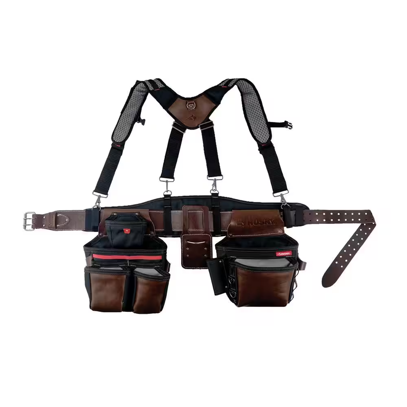 Husky Pro Level Work Tool Belt W/Suspenders Fully Leather Hammer Holder New