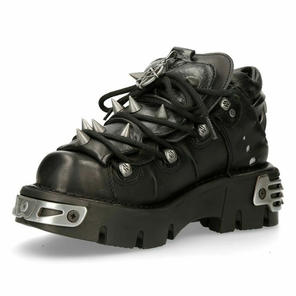 Pre-owned New Rock Rock 110-s1 Boots Unisex Black Leather Boots Rock Goth Emo Stud Low Biker