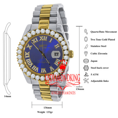 Pre-owned Bling Master 18k 2 Tone Gold Solid Steel Blue Dial Simulated Diamond Presidential Mens Watch