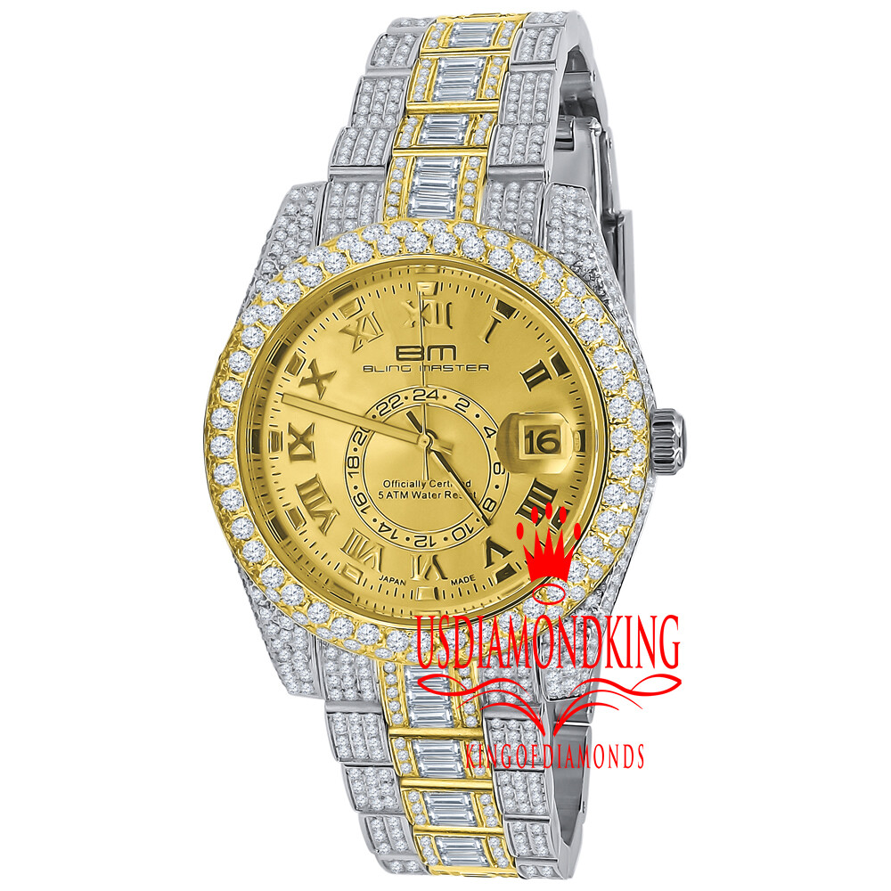 Pre-owned Bling Master Mens Full Stainless Steel 2 Tone Gold Finish Simulated Diamond Watch 42mm W/date