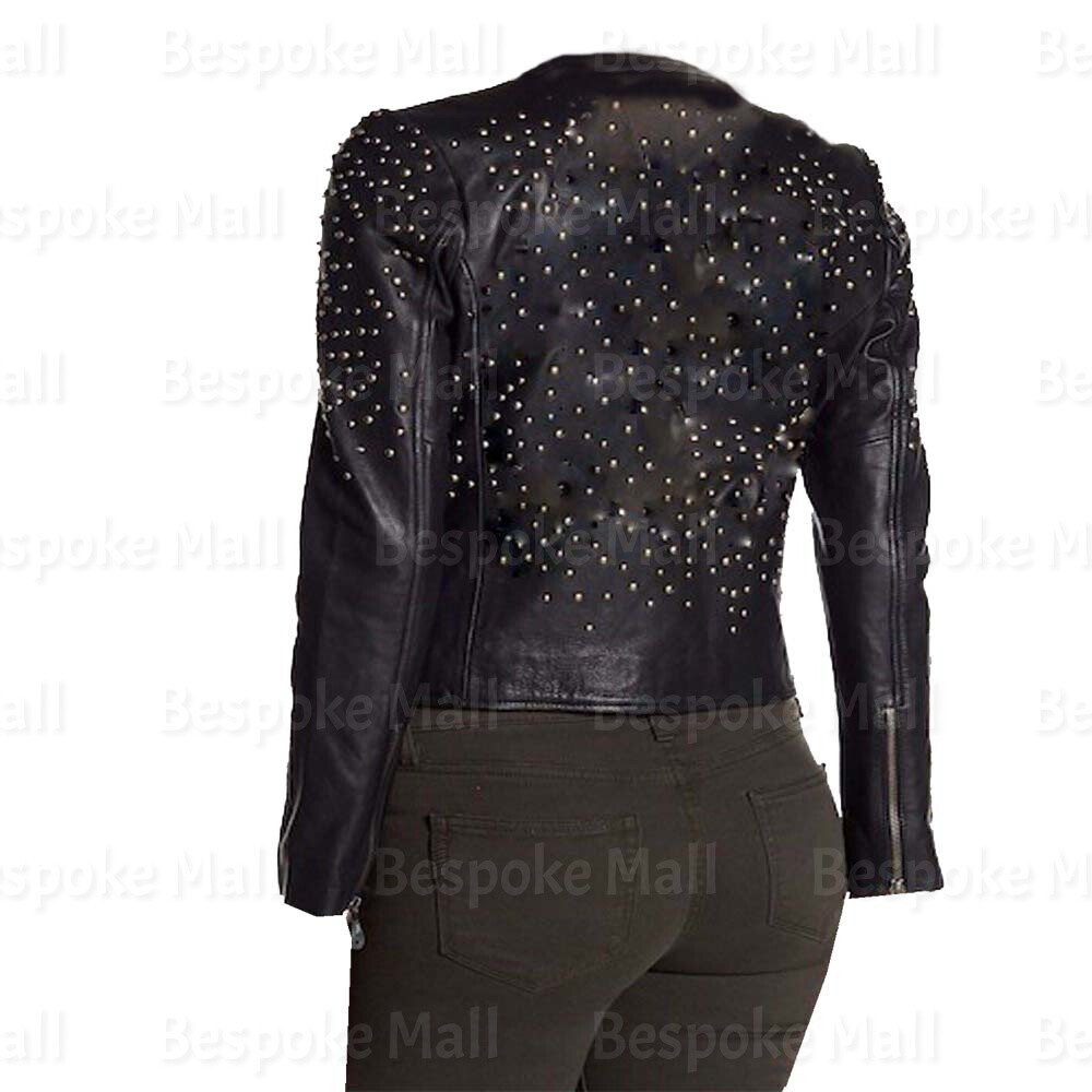 Pre-owned Handmade Women Black Huff Silver Studded Brando Cowhide Motorbike Leather Jacket-237