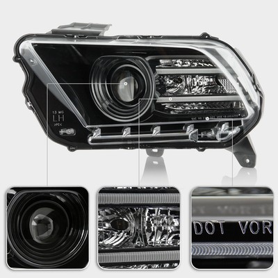 2010-2014 Ford Mustang Black Halogen Projector Headlights w/LED DRL Tube LH+RH