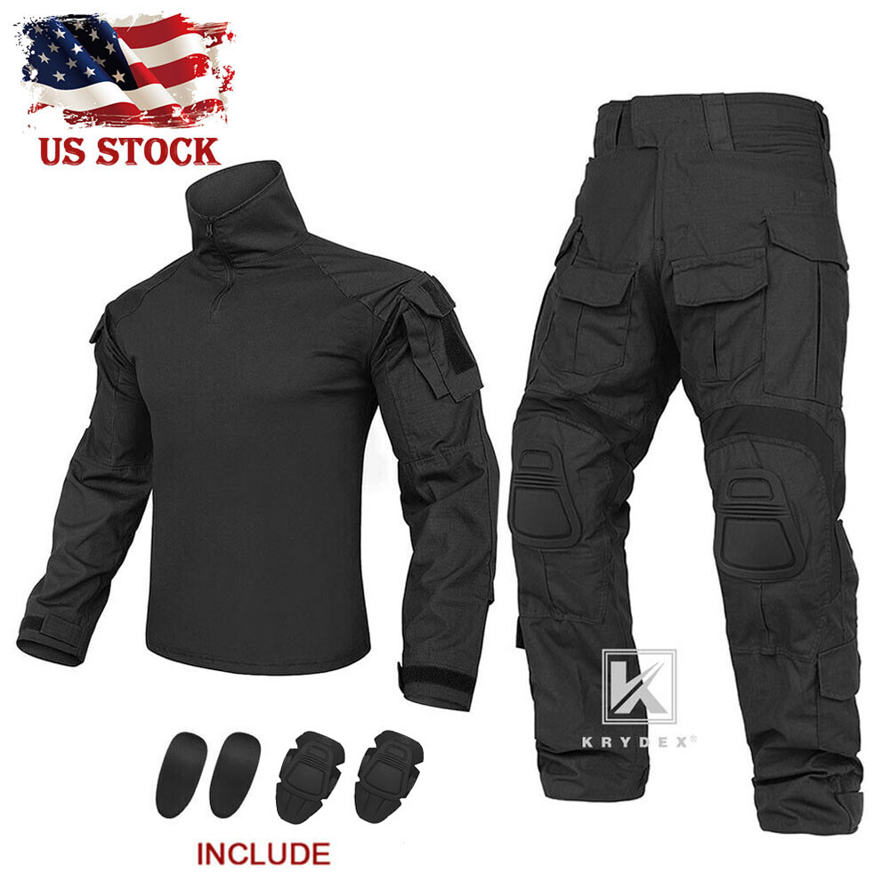 KRYDEX G3 Combat Uniform Set Tactical Shirt & Pants w/ Elbow & Knee Pads Black