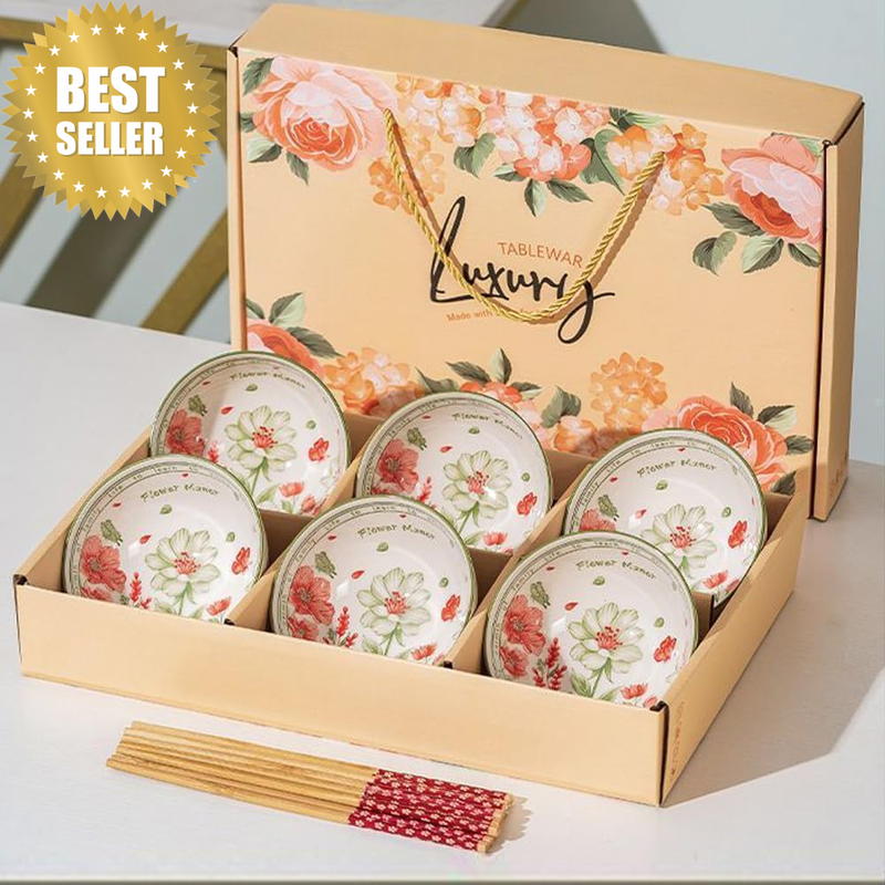 Ceramic Bowl and Chopstick Set, 6-Pack Floral Bowls Colored Ceramics Dinnerware