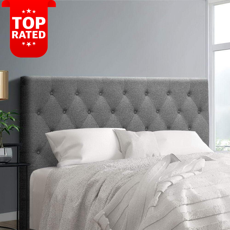 Queen Size Tufted Upholstered Headboard Grey Faux Linen Modern Bed Frame 162cm