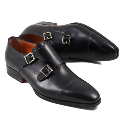 NIB $895 SANTONI Black Double Buckle Monk Strap Dress Shoes