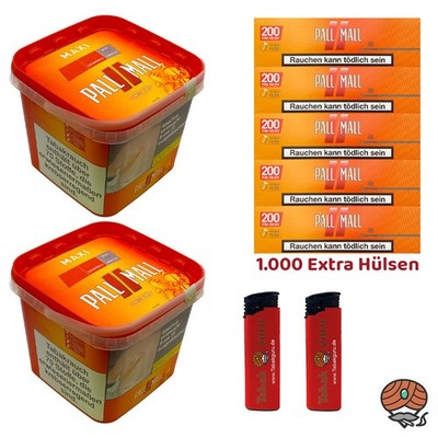 Pall Mall Allround Volumentabak Maxi Box 2x 310g, 1000 Xtra Hülsen, Feuerzeuge
