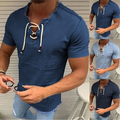 Herren Massiv Kurzärmelig Tiefer TShirt Basic TShirt Slim Fit Fitness Top