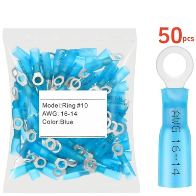 50pcs Blue Heat Shrink #10 Ring Terminals Insulated 16-14 AWG Wire Connectors
