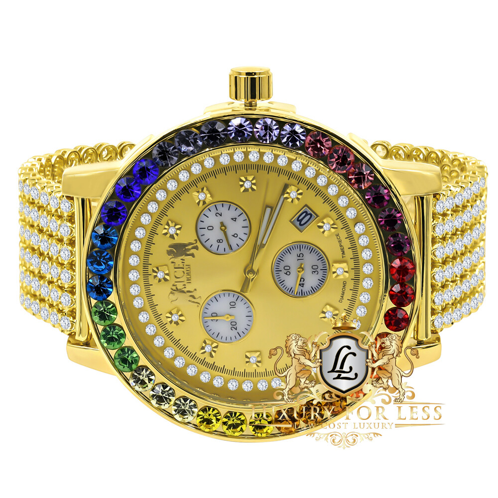 Pre-owned Ice House Men's Exclusive Custom Watch Xl Rainbow Multi Gold Tone Real Diamond Dial W/date