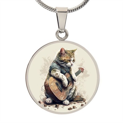 Cat Playing Guitar Engraved Necklace - Personalized Gift for Cat Lovers