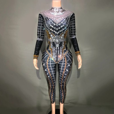Sparkly Rhinestones Jumpsuit Women Long Sleeve Spandex Nightclub Prom Outfit
