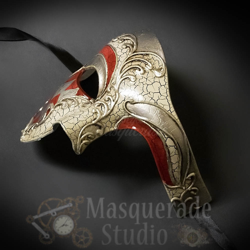 Mens Diamond Pattern Phantom of the Opera Venetian Masquerade Ball Mask [Red]