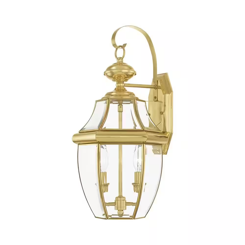 2-Light Bright Brass Outdoor Wall Lantern Sconce With Clear Beveled Glass