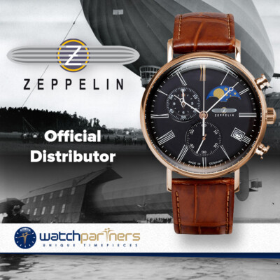 Pre-owned Zeppelin Lz120 Rome Swiss Quartz Chrono Watch 41mm Moonphase Black Dial 7196-2