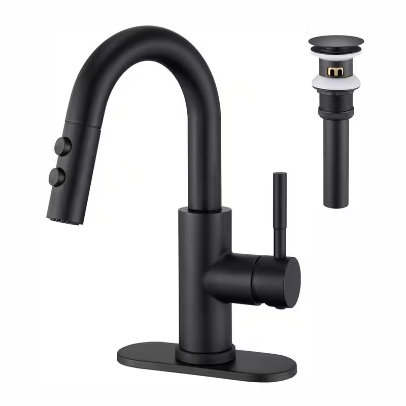 Bathroom Sink Faucet Pull Down Sprayer Single Handle Brushed Nickel Pop Up Drain