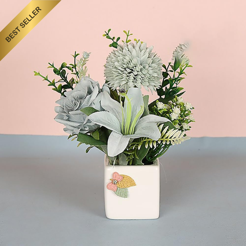 Fake Flowers in Vase, Artificial Silk Flowers with Ceramic Vase, Small Faux Flow
