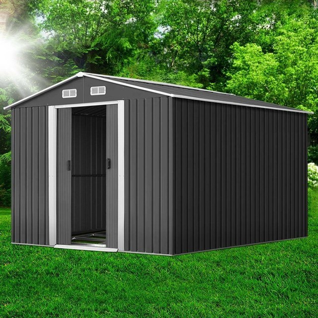 giantz 2.02 x 3.89m grey metal shed with base - free