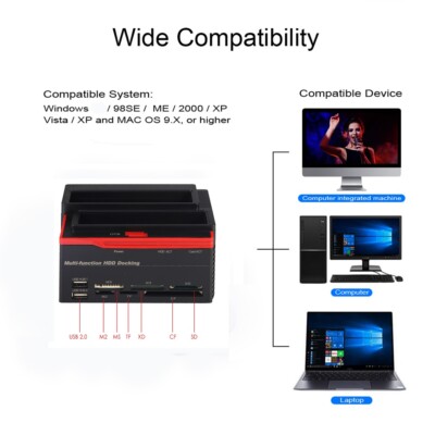 US Docking Station 2.5'' /3.5'' SSD IDE SATA Clone Hard Drive Multi Card Reader