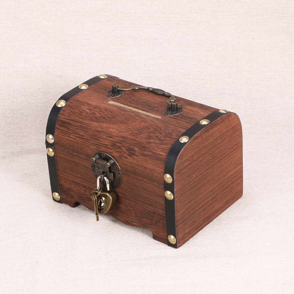 Wooden Pirate Treasure Chest Vintage Money Storage Box Case Piggy Bank
