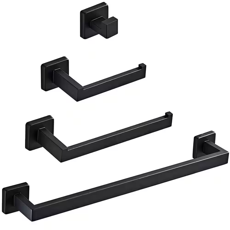Bathroom Hardware Set 4 Piece Towel Bar Toilet Paper Holder Hook Matte Black