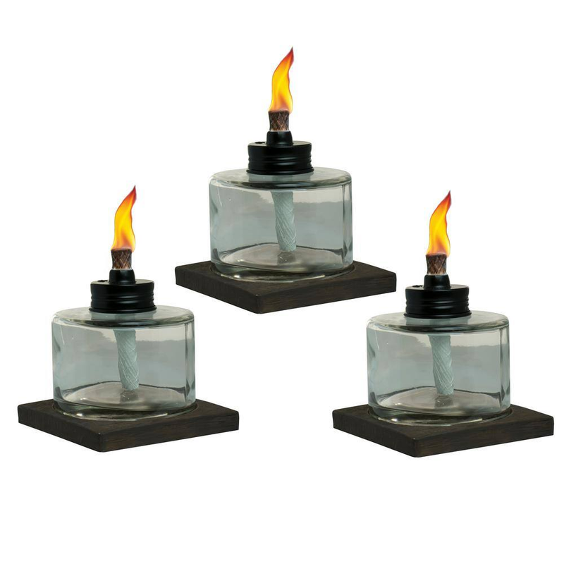 TIKI Table Torch Set 3pk 4in Glass Votive Outdoor Patio Candle Brown Clear Decor