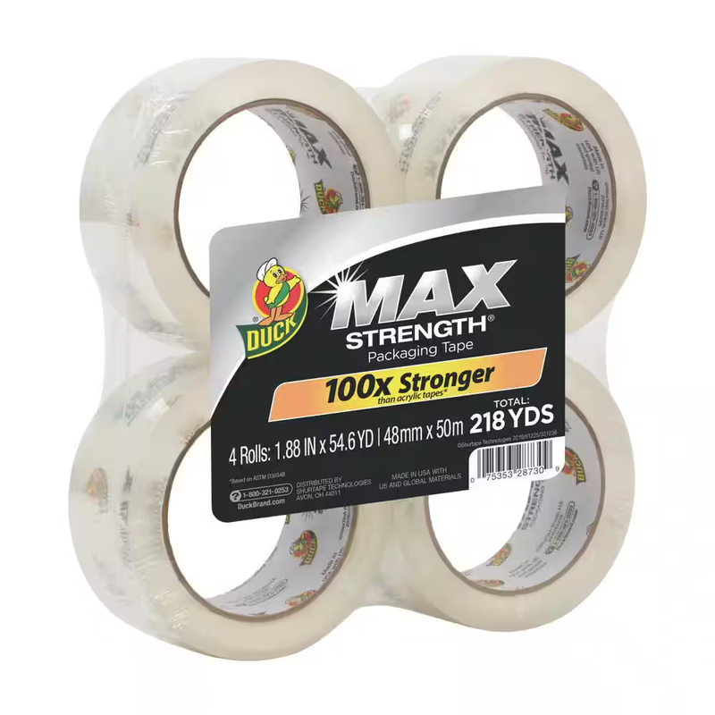 Max Strength Packing Tape 1.88in x 54.6yd Clear 4 Pack Heavy Duty Shipping Seal