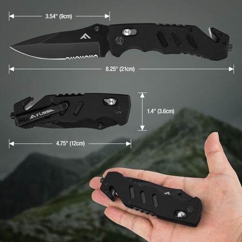 FLISSA Folding Pocket Knife Glass Breaker Seatbelt Cutter Survival Knife w/Clips
