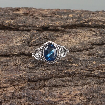Natural London Topaz Gemstone Band Blue Ring Size  925 Silver