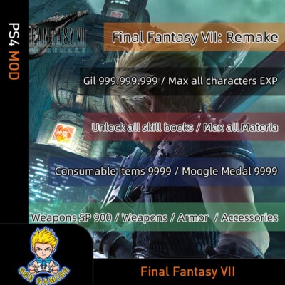 Final Fantasy VII Remake (PS4 Mod)- Max Gil/Items/Moogle Medals/ AP/ Weapons