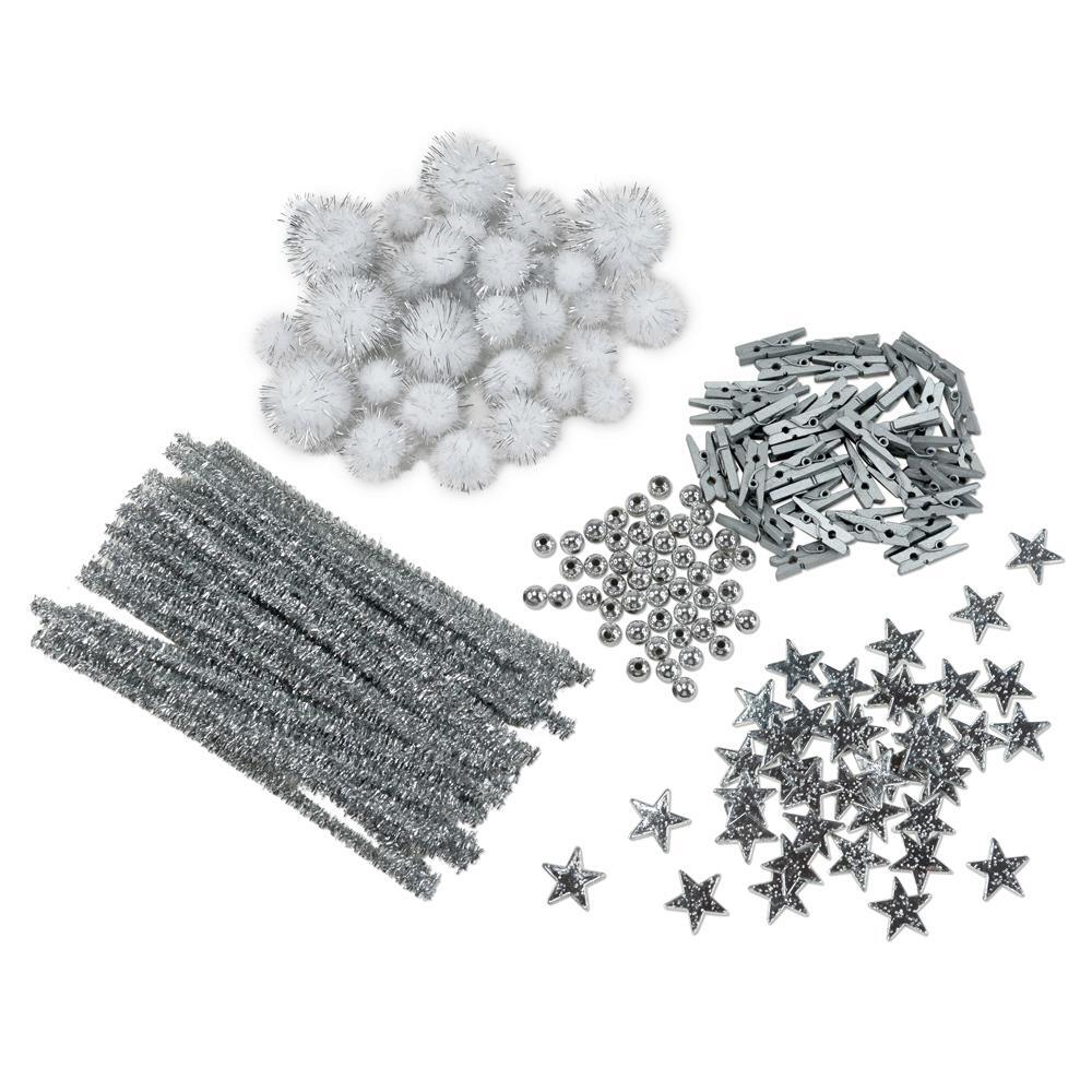 Glitzer-Deko-Set, Chenilledraht, PomPoms, Perlen, Klammern 200tlg- Silber