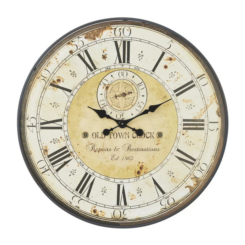 Vintage Wall Clock Rustic Antique Style Large Oversized Distressed Iron Wood 32