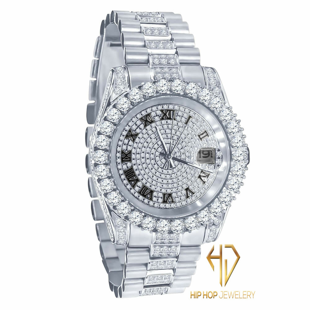 Pre-owned Bling Master 18k White Gold Tone Stainless Steel Simulated Diamonds Presidential Watch 41mm