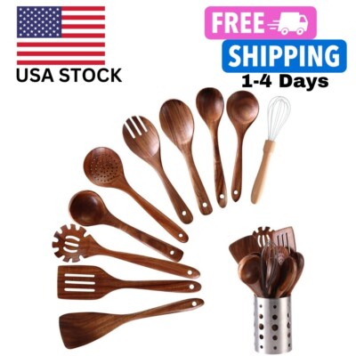 11-Piece Wooden Kitchen Utensils Set - Stylish Spoons and Spatula for Cooking